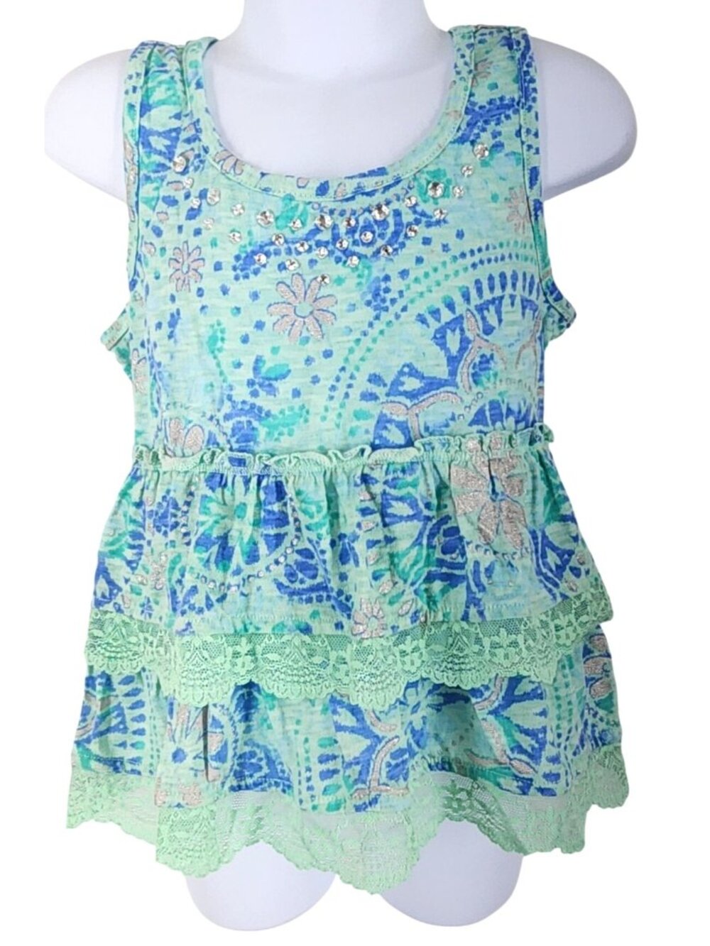 Girl's Justice Floral Mandela Ruffle Tank Top Rhinestone Shirt Size 7 Blue Green